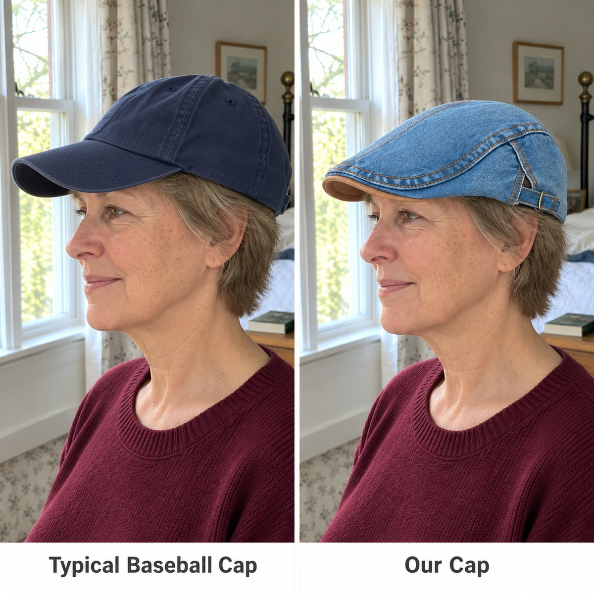 Side-profile comparison of a typical baseball cap and Helen denim cap