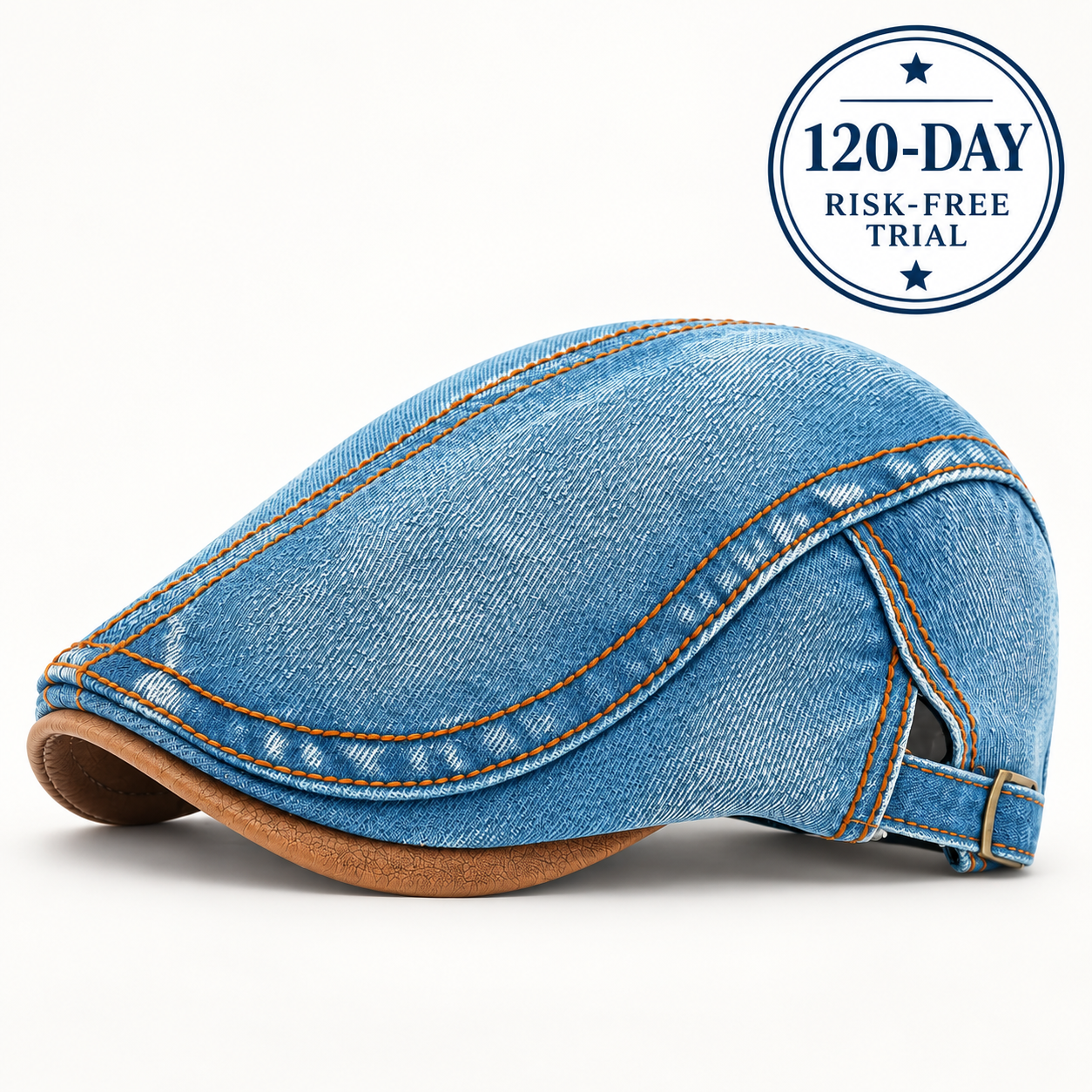 Helen denim cap with the Outland 120-day risk-free trial badge