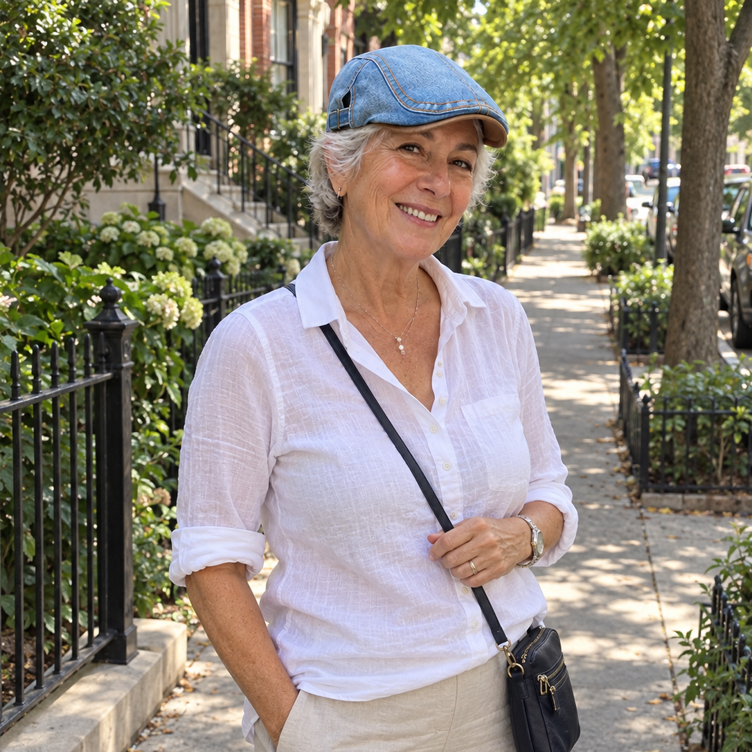 Polished woman over 50 wearing Helen on a city walk